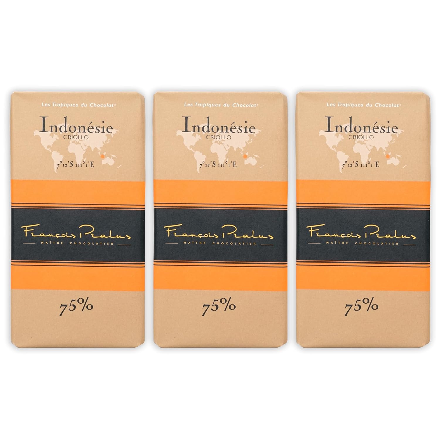 François Pralus Ghana 75% Dark Chocolate 3 Pack - French Chocolate - Bean-to-Bar, Direct Trade - Vegan, Soy-Free - Bundle