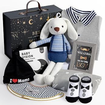Baby Gift Boys Newborn Gifts for Birth with Baby Romper / Rabbit Cuddly Toy / Bib / Socks / Muslin Blanket Nappy Cake Gift Box Baby Shower Party Gender Reveal Gift