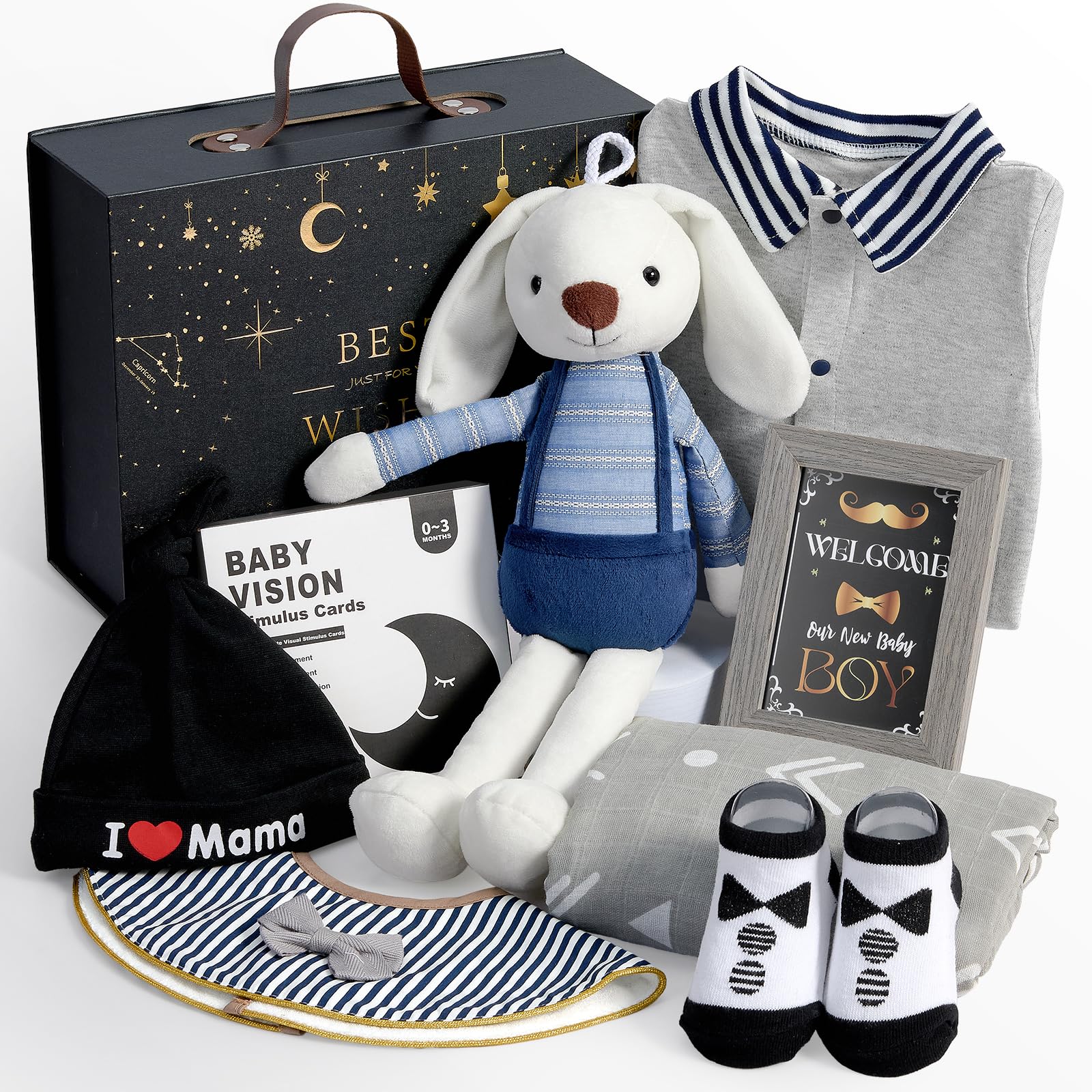 Baby Geschenk Jungen Neugeborenen Geschenke zur Geburt mit Baby Strampler/Hase Kuscheltier/Lätzchen/Socken/Musselin Decke Windeltorte Geschenkbox Baby Shower Party Gender Reveal Geschenk
