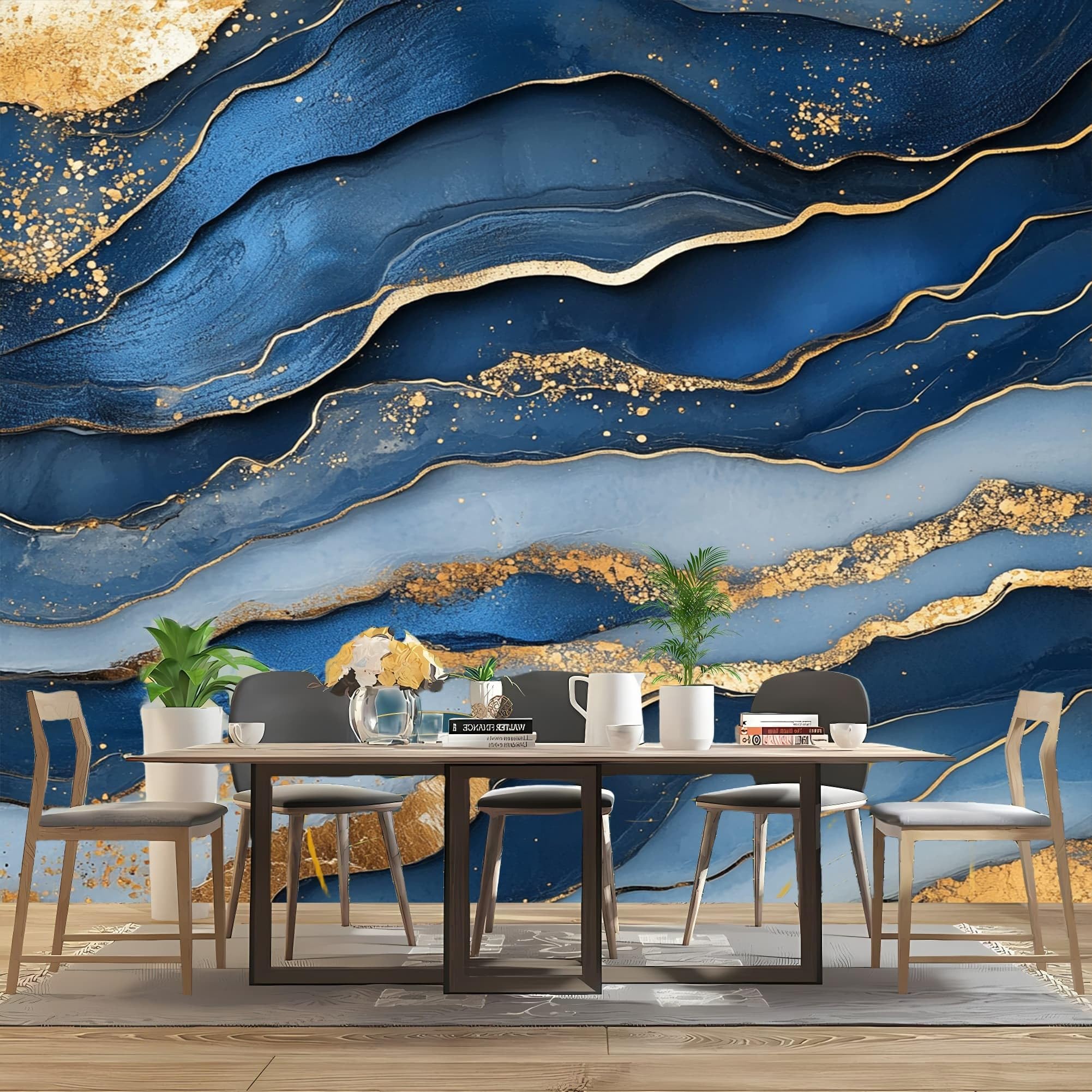 Moda Fototapeta 350 x 256 cm Luksusowy marmur Tekstura 3D Wymienny Niebieski Panoramiczny Salon Sypialnia Biuro Tapety, Hd Zdjęcie