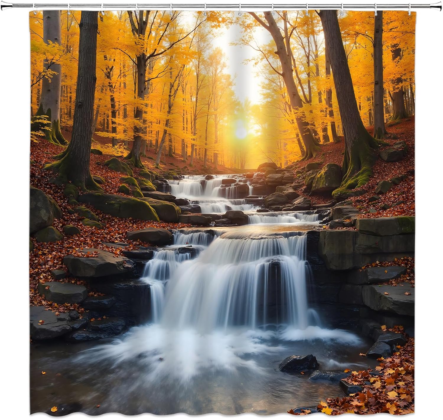 Fall Forest Shower Curtain Autumn Waterfall Tree Jungle Falling Maple Leaves Sunshine Nature Landscape Scenery 70" Wx84 H Fabric Bathroom Decor Curtain with Hooks