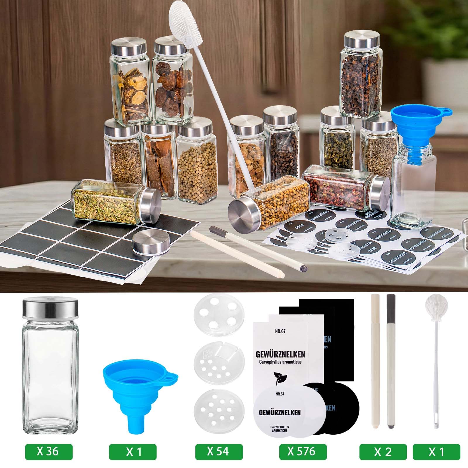 36 Piezas 120ml Botes Especias De Cristal, Botes Para Especias De Cristal | Tarros De Cristal Para Especias Con Etiqueta Alemana, Etiquetas En Blanco, Tamiz, Embudo Para Parrilla, Cocina