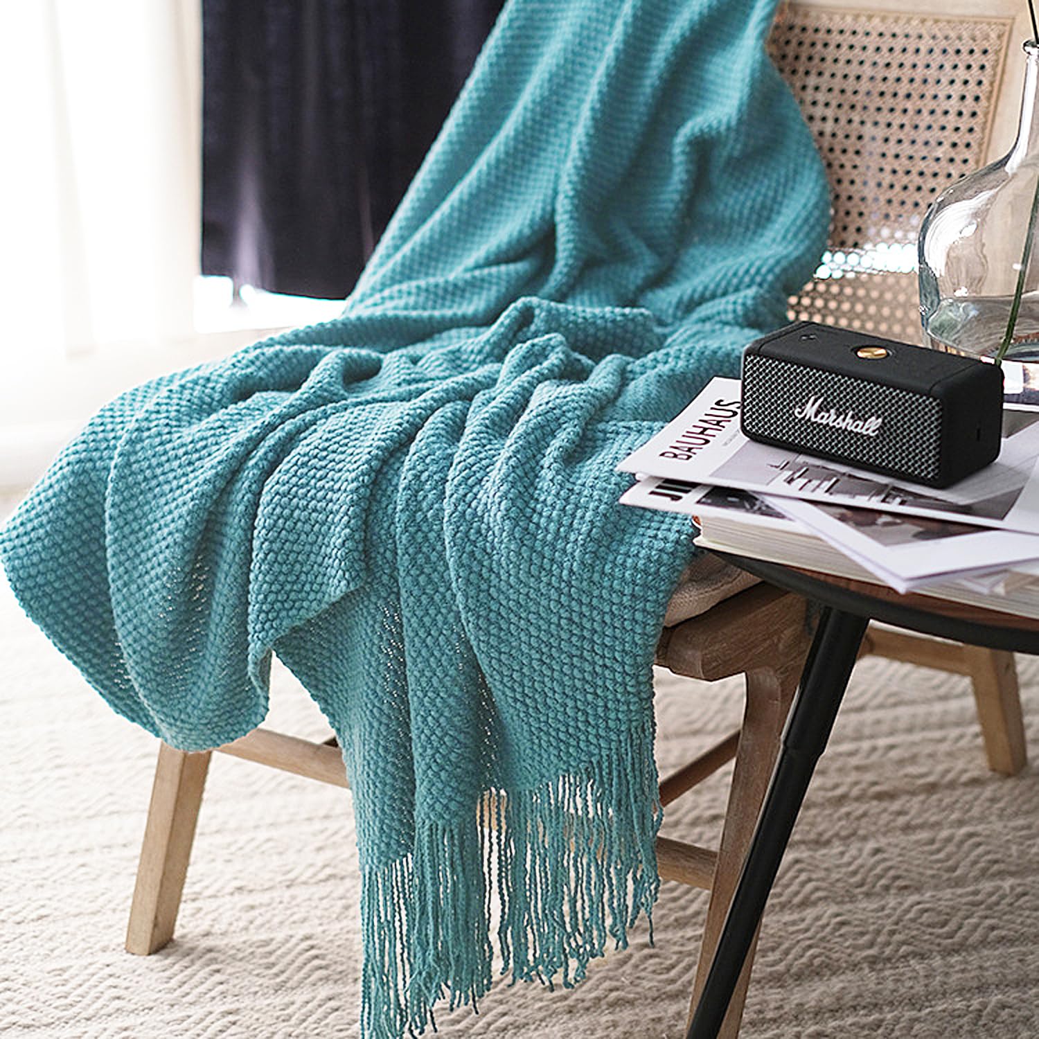 LOMAO Knitted Throw Blanket with Tassels Bubble Textured Lightweight Throws for Couch Cover Home Decor (Lake Blue, 50x60)