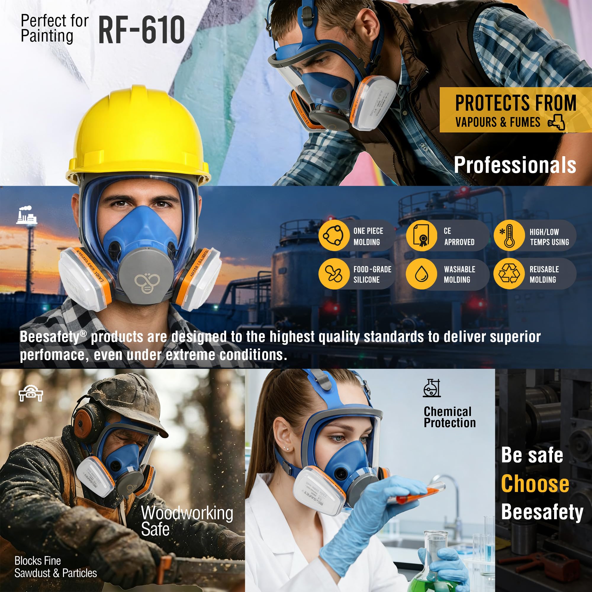 Vollmaske Atemschutzmaske,RF-610 Wiederverwendbarer Full Face Respirator mit 2× A1 Gasfiltern & 8× P2 Staubfiltern, für Lackieren, Schleifen, Sprühen, Chemikalien, Renovierung