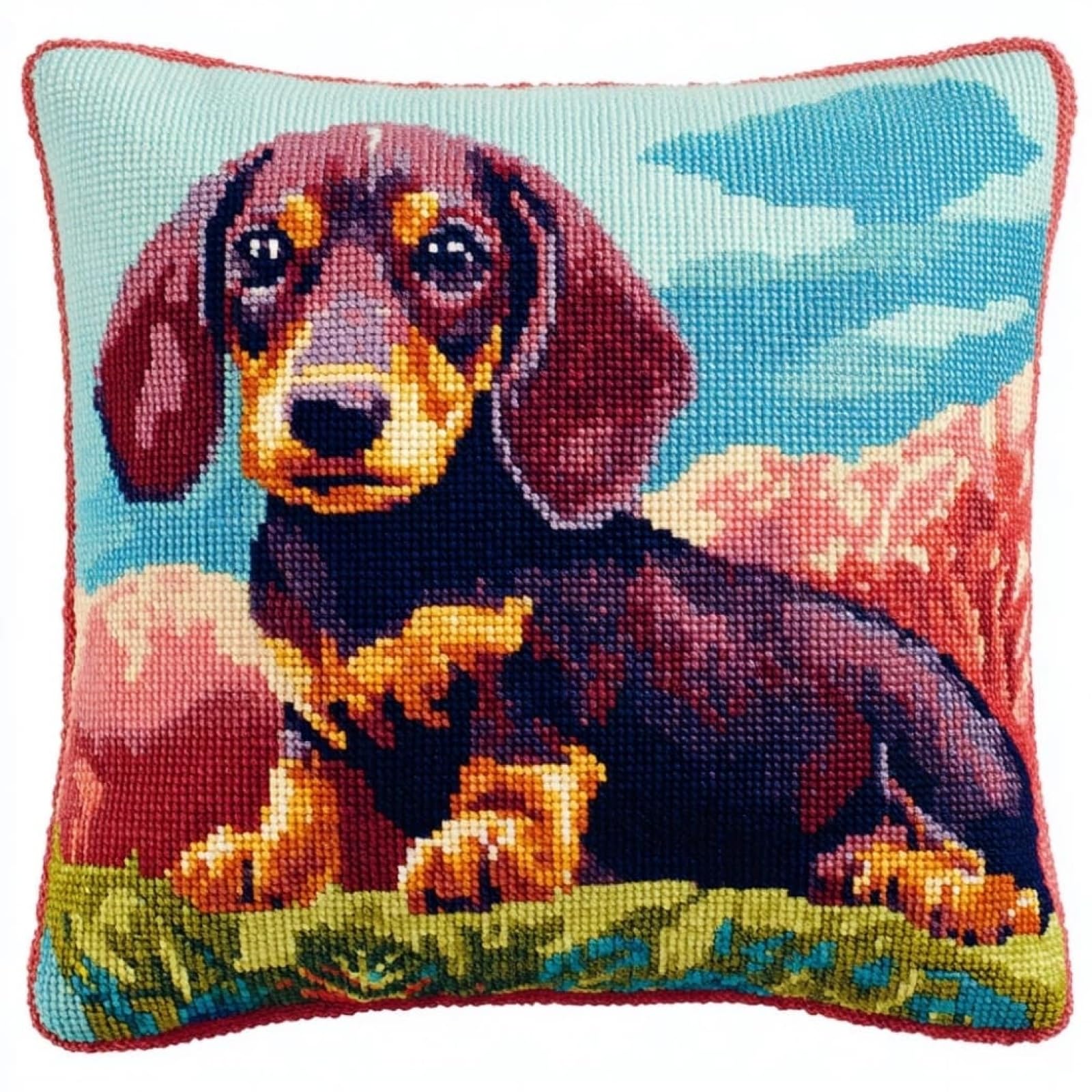 WallustrioaW Embroidery Kit Cross Stitch Cushion Kits,Dachshund,Embroidery Cushion for Creative Home Decor — Needlework for Adult Beginners,45x45cm