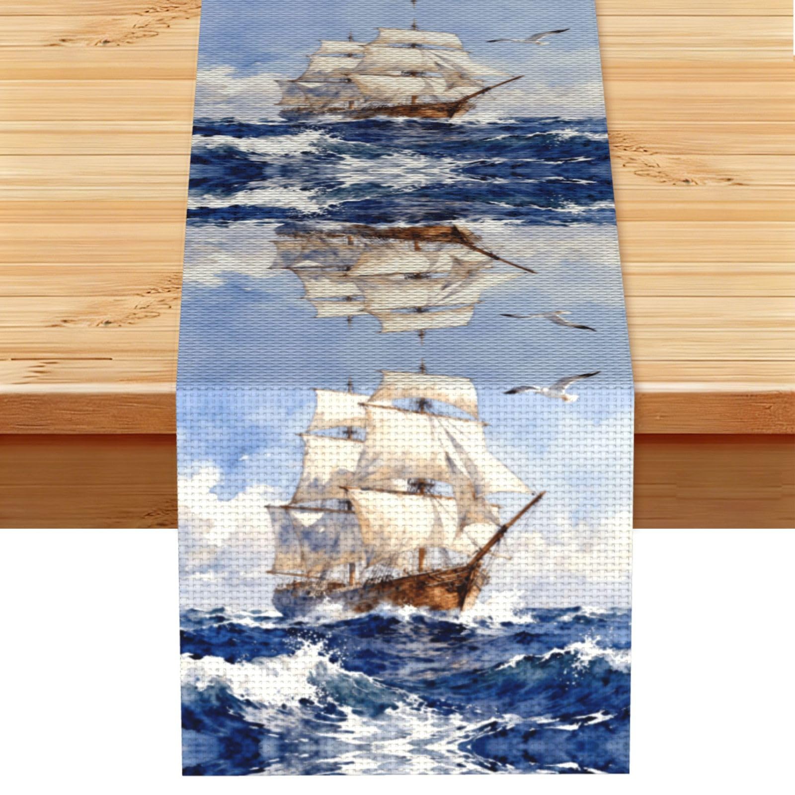 Sailing Ship Ocean Linen Look Table Runner 13x72-Wrinkle Resistant Farmhouse Style for Dining Table Decor