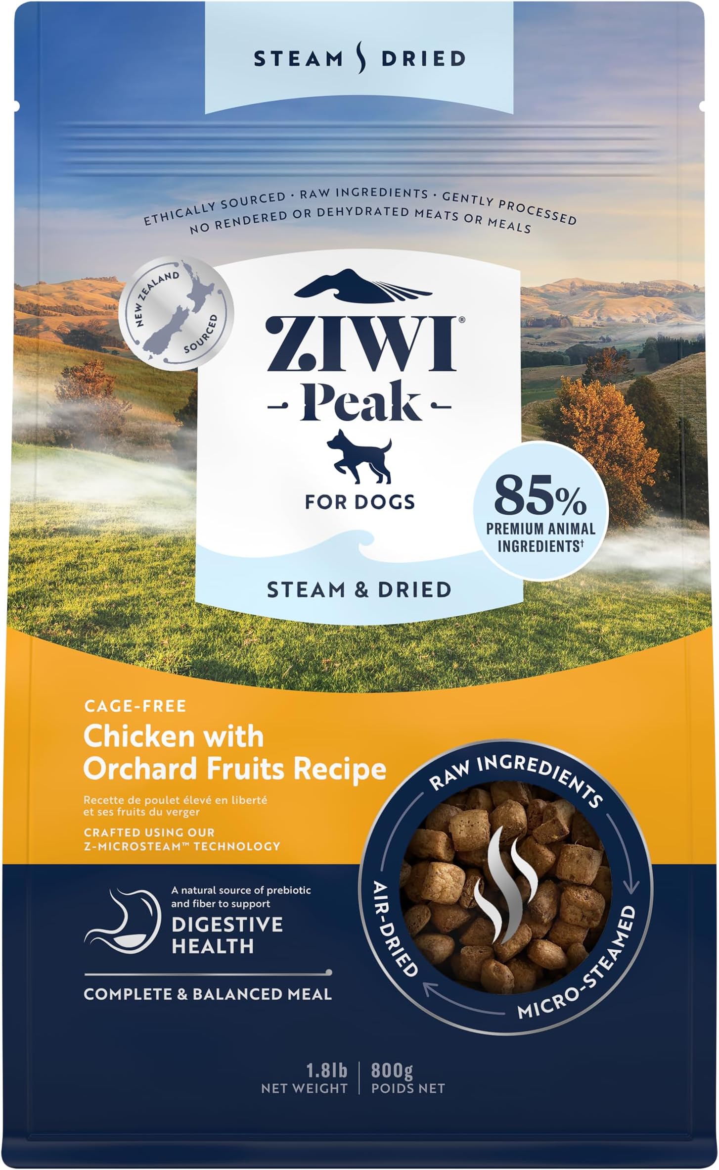 Peak Steam & Dried Cage-free Chicken with Orchard Fruits, 800 g - High Protein, Grain Free Dog Food Dry, Raw Dog Food Alternative
