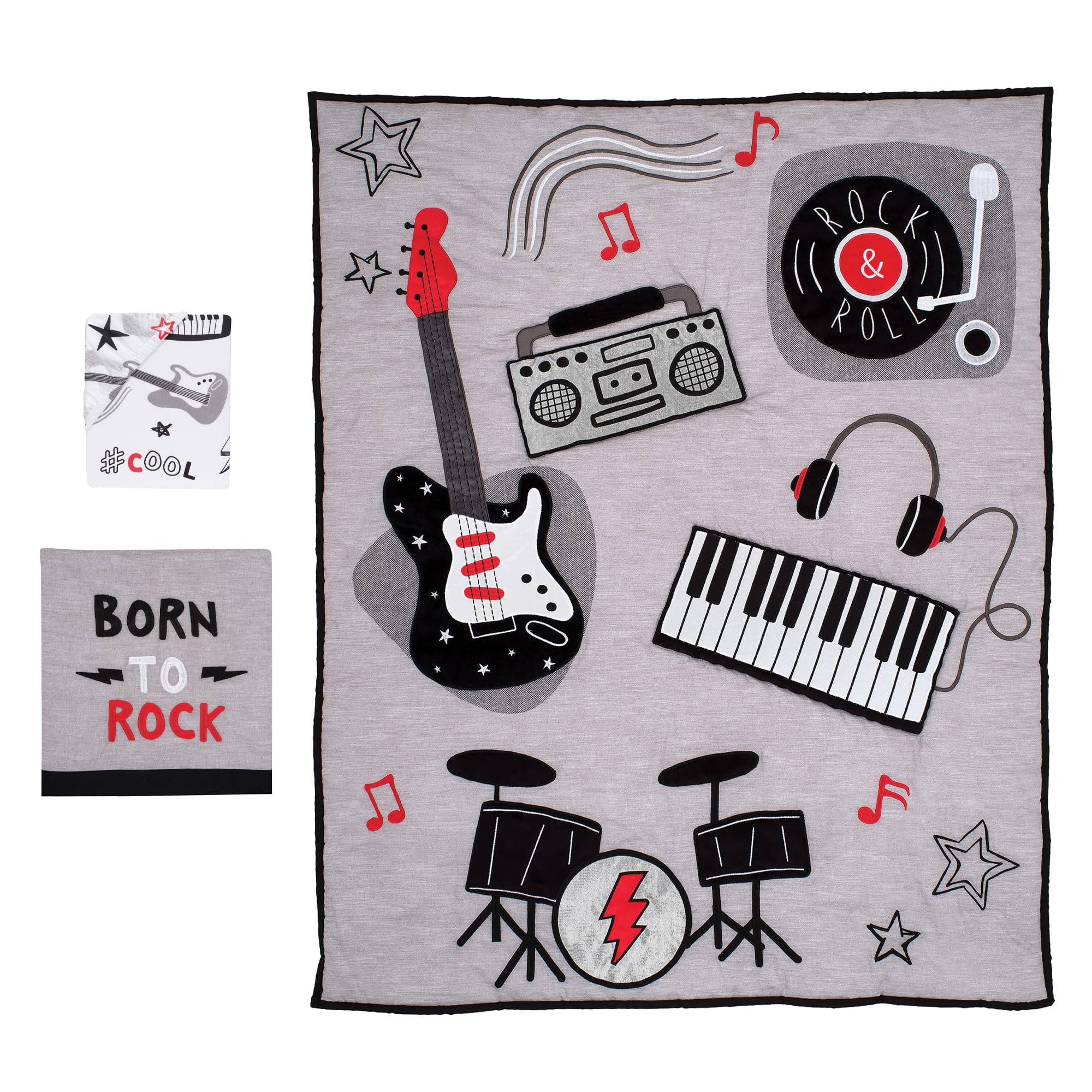 Lambs & Ivy Rock Star Musical Instruments 3-częściowy zestaw pościeli do łóżeczka dziecięcego - szary