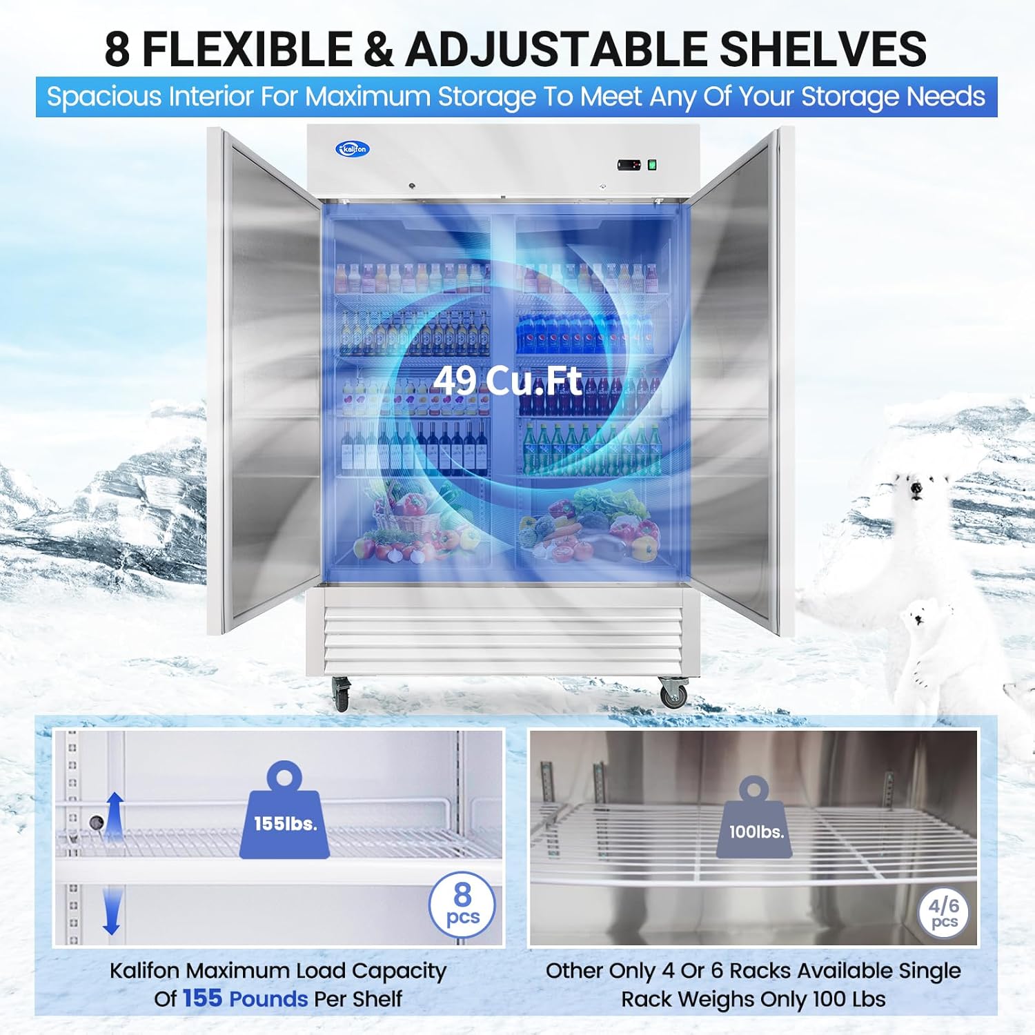 54" Commercial Refrigerator with 2 Solid Doors&8 Shelves, 49 Cu.ft Reach-in Stainless Steel Refrigerator, Fan Cooling Refrigerator for Restaurant, Bar, Home, Shop, and Business