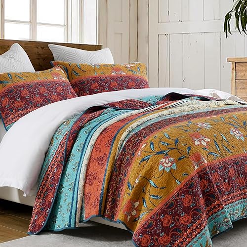 Finlonte Juego de edredones de tamaño Queen, 100% algodón, ligero, vintage, queen, verde, rojo, naranja, bohemio, otoño, suave, reversible, para