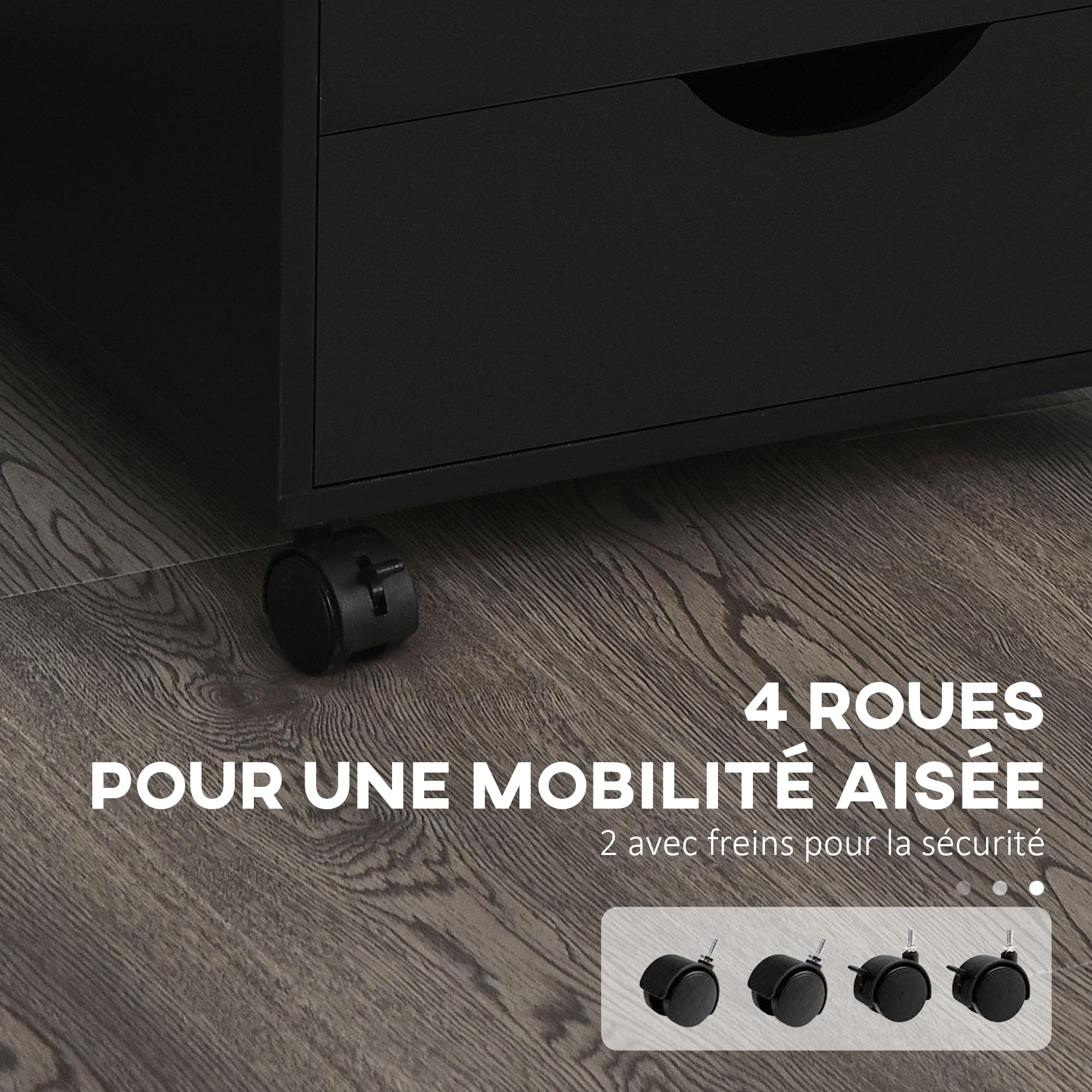 HOMCOM Caisson bureau mobile avec 5 tiroirs, meuble rangement bureau sur roulettes pour documents et imprimante, caisson de rangement compact pour travail ou chambre, 40 x 40 x 67 cm, noir