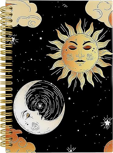 Miniatura 10 de Knibeo Cuaderno bohemio con espiral de tapa dura con forro dorado y negro de luna creciente y quiromancia de 5.5 x 8.3 pulgadas, cuaderno de rayas