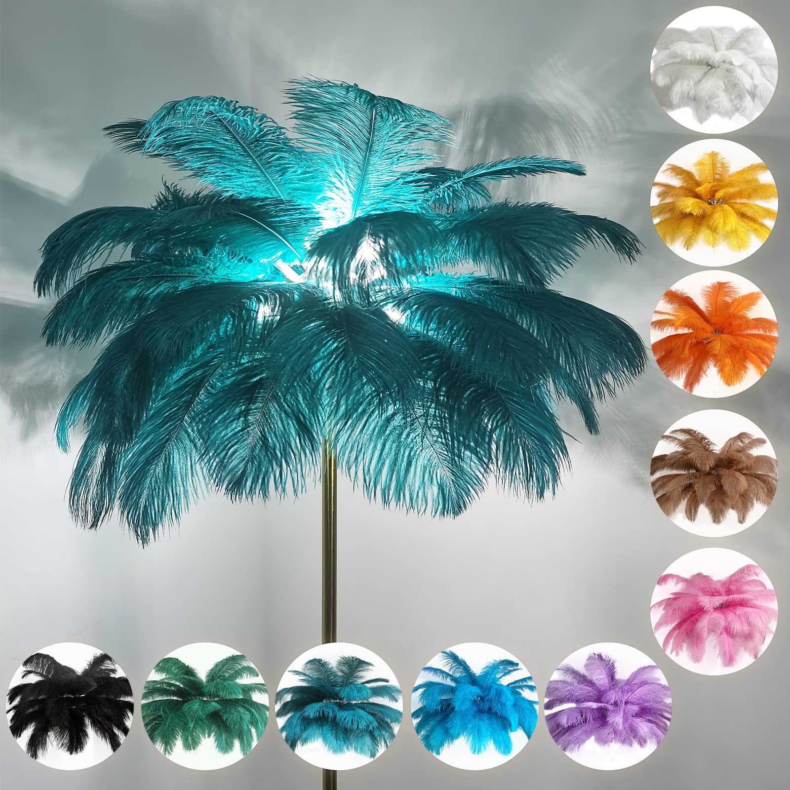 KISFWIU Floor lamp, Feather lamp with 48 Natural Ostrich Feathers with 10 Colors, Extended Feathers Suitable for Living Room, Bedroom, Study, H160cm (Peacock Blue)