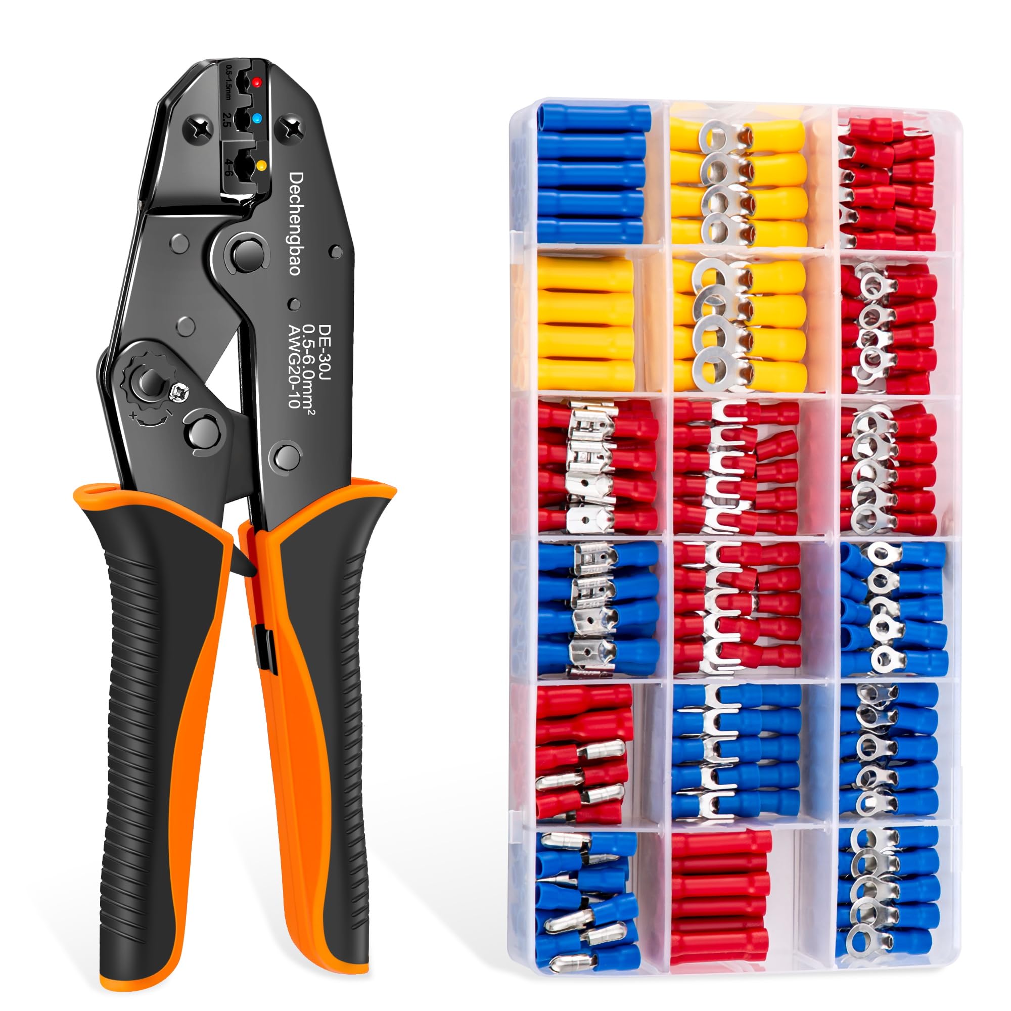 Insulated Wire Terminal Crimping Pliers, 0.5-6mm² Ratchet Crimping Plier, Insulated Crimping Tools with 370 pcs Insulated Crimp Connectors