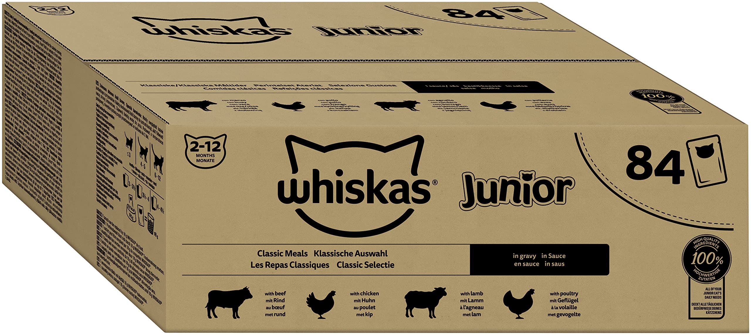 WHISKAS Comida húmeda junior en salsa, 84 x 85 g, selección clásica