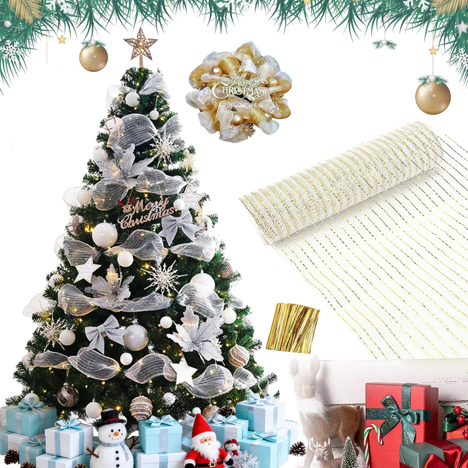 Guirnalda Decorativa Navideña, Guirnalda para Árbol De Navidad, Cinta De Malla De Lámina Dorada, Decoración De Jardín con Barandilla para Fiesta De Bodas De Pascua, 26 Cm X 9,14 M (Lámina Blanca)
