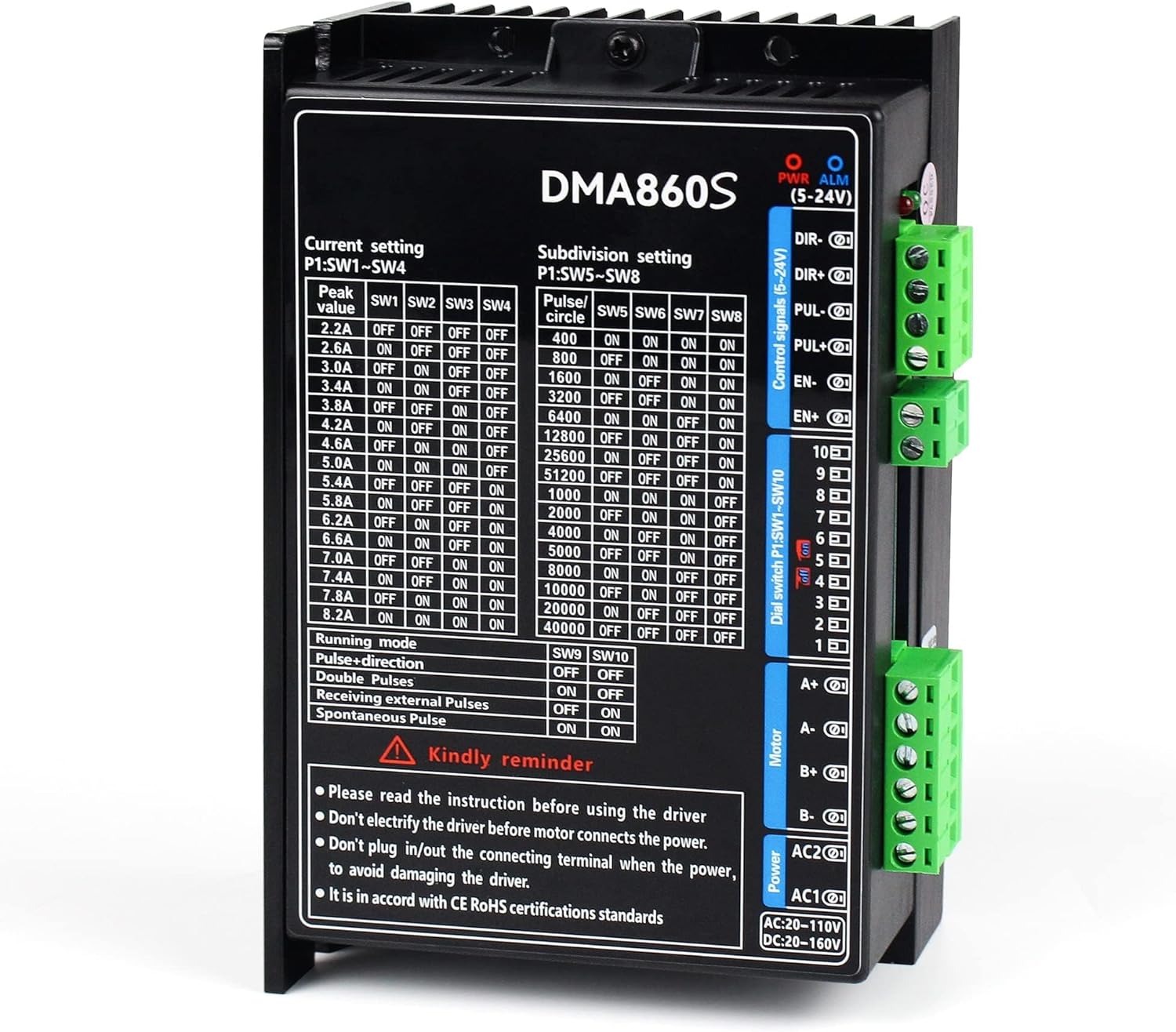 CNCTOPBAOS DMA860S Digital Stepper Motor Driver,2.2A-8.2A Single/Double Pulse 16 Subdivisions 20V-110V AC or 20-160V DC Input Driver Controller for Nema23,Nema24,Nema34 Stepper Motor,CNC Machine
