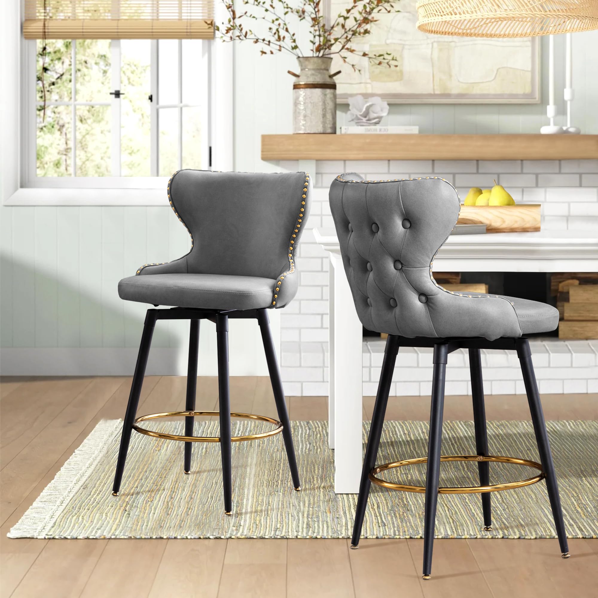 Lamerge Counter Height Bar Stools?Swivel Bar Stools with Back Set of 2, Modern Faux Leather Barstools with Metal Legs, Dark Gray Swivel Chairs for Bar Kitchen Diningroom, 18.89" W*15.74" D*39.37" H
