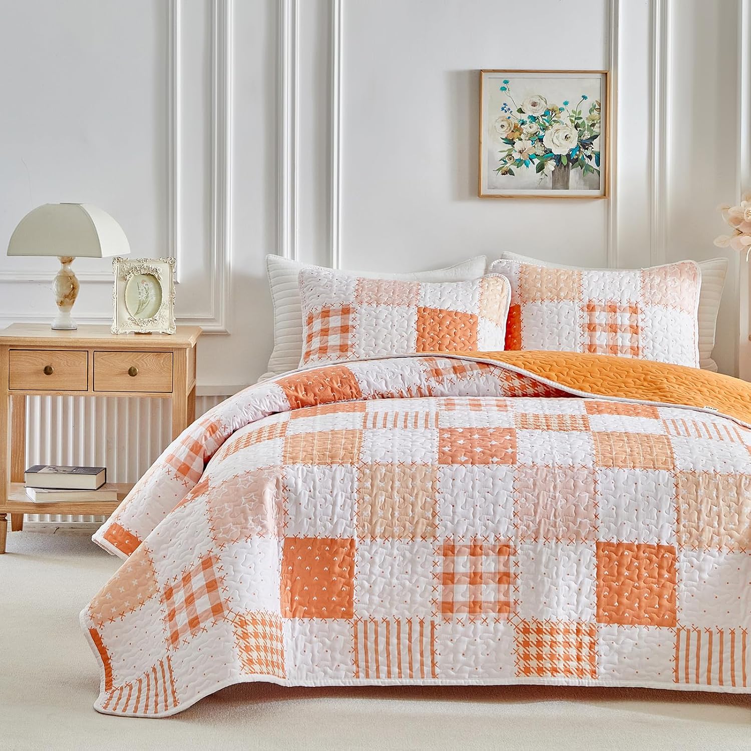 Flysheep Plaid Patchwork Quilt Set Twin Size, 2 Pieces Orange White Checkered Bedspread Coverlet Set, Lightweight Soft Microfiber Bed Cover for Kids Girls (68" x 86", 1 Quilt+ 1 Pillow Sham)