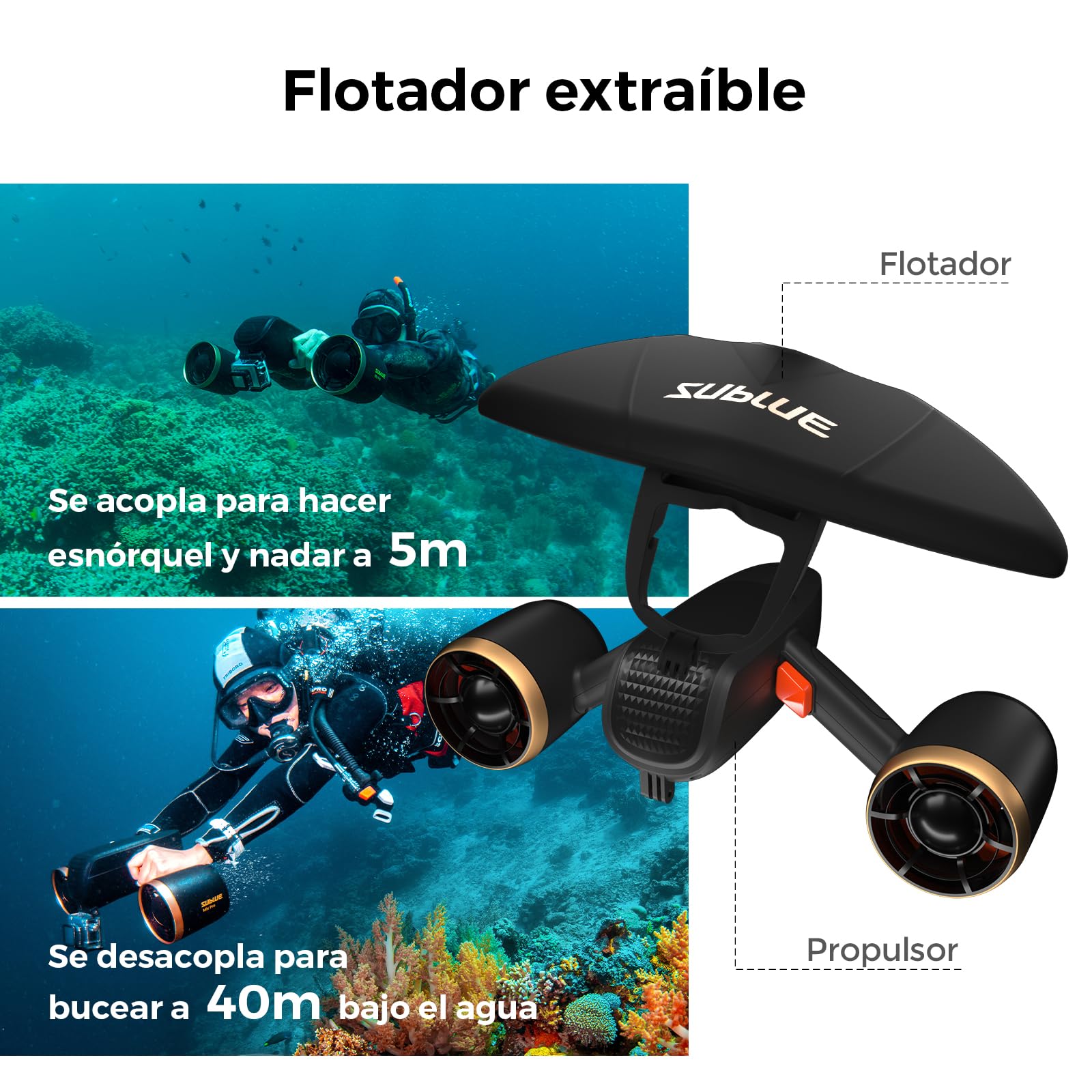 Sublue Mix Pro - Patinete Submarino de Doble Motor, 2 Modos de Velocidad, 40 m de Profundidad con Soporte para cámara y Alarma de batería Baja para Piscina