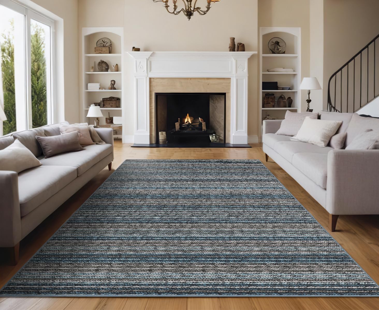 Washable Area Rug 5x7 Blue Modern Striped Rugs for Living Room Non-Slip Soft Abstract Area Rug for Bedroom Imitation Braided Carpet for Laundry Kid Room Office Dining Room