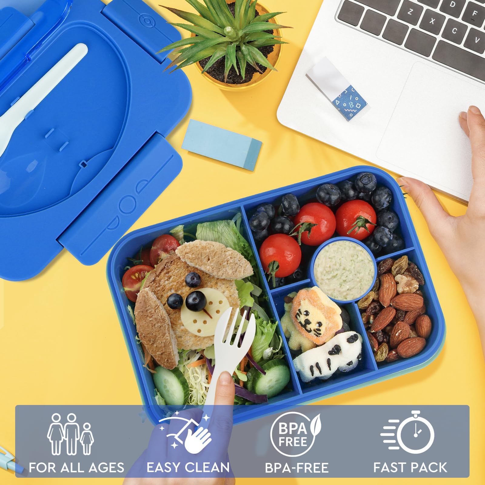 Lunbxx Bento Box Adult Lunch Box,Lunch Containers for Adults Kids,5-Compartment Bento Box for Kids Snack Boxes with Cutlery (Blue)