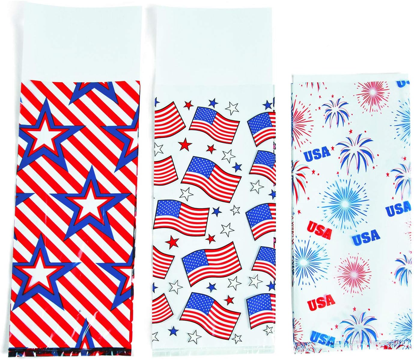 Fun Express Patriotic Cello Bag Assortment (36 pieces) Fourth of July Party Supplies, Favor Bags, Cellophane Bags, Patriotic Party Supplies