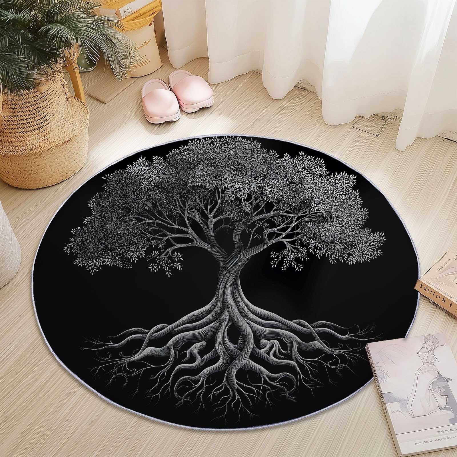 Tappeto rotondo da 210 cm, stile retrò, con albero della vita, moderno, antiscivolo, in flanella nera, lavabile, morbido, per cameretta dei bambini, stanza dei giochi, camera da letto, decorazione