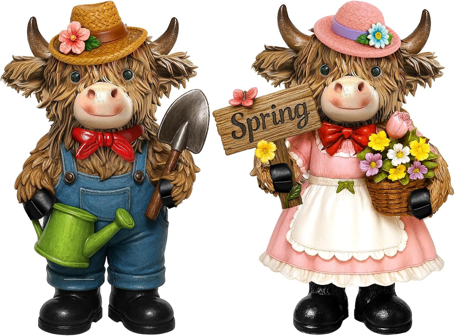 2 Pcs Highland Cow Figurines Decor Spring Highland Cow Gnomes with Flowers Cute Romantic Brown Calf Resin Statue Gardener Gifts for Home Garden Kitchen Office Tiered Tray Table Decor
