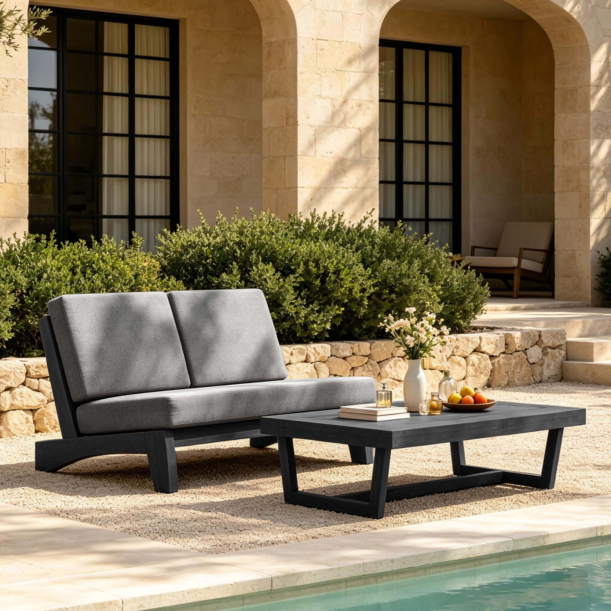 Pia Ricoo 2 Piece Patio Furniture Set, Outdoor Split Back Loveseat with Coffee Table &amp; Thick Cushions, All-Weather Outdoor Sofa for Backyard, Deck, Lawn, Gray, Dark Wood
