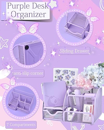 Miniatura 2 de 23pc Purple Desk Accessories and Organizers with Mesh Organizer Stapler Tape Dispenser Calculator and a Lot of Office Purple Office Supplies