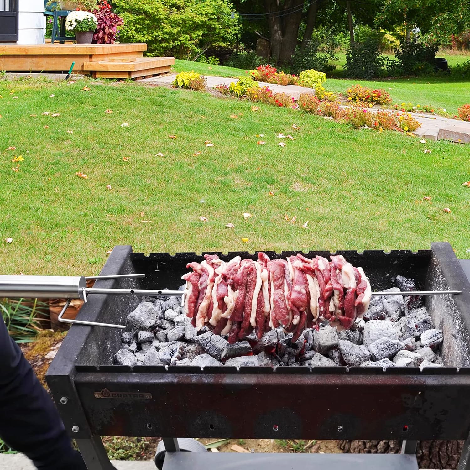 Electric Motor Universal Grills Rotisserie Kit, Cordless Portable Rotisserie, Adjustable Length, Battery Powered, Roaster Stand for Pork, Chicken Cooking, Outdoor Party Campfire Barbecue