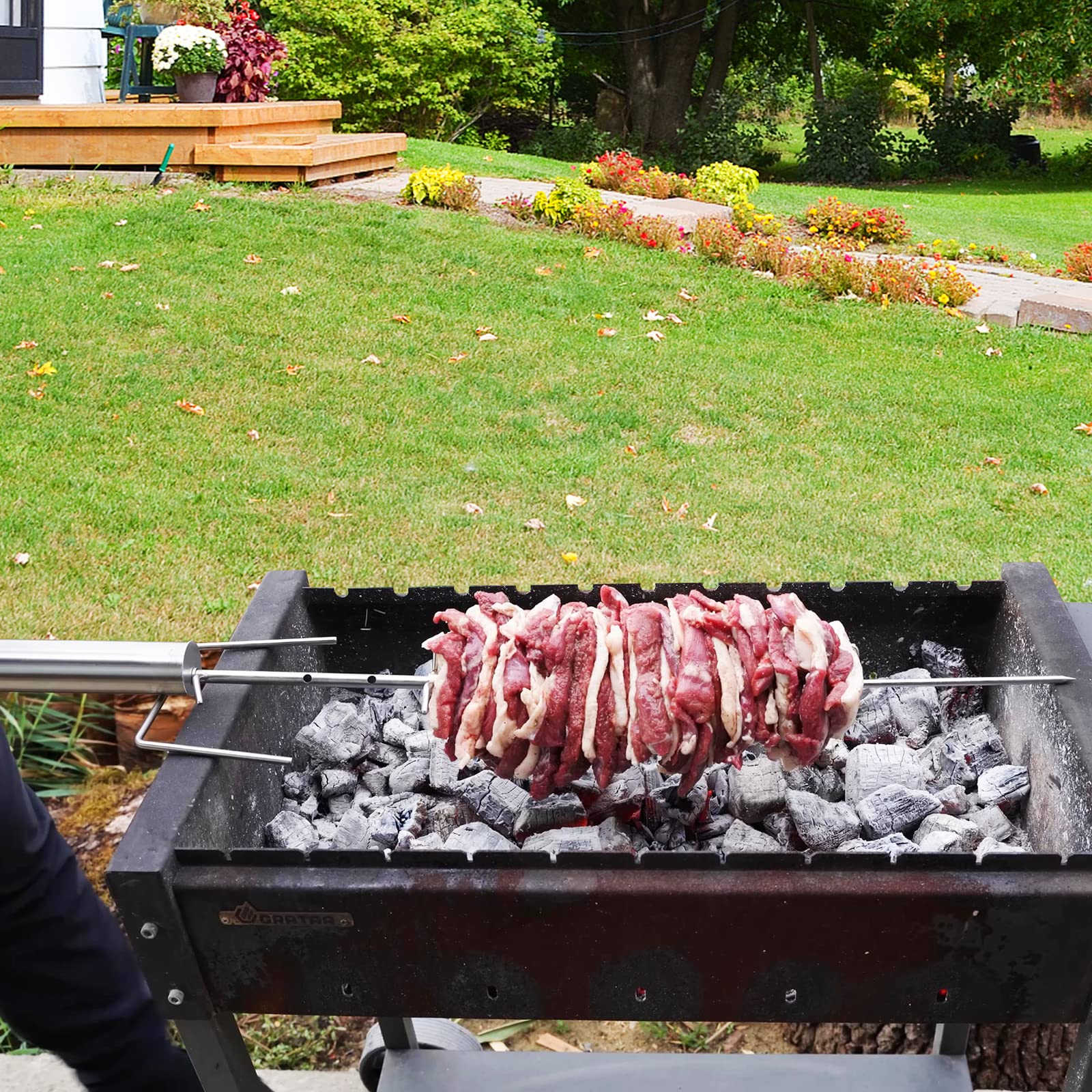 Kit girarrosto Universale con Motore Elettrico, Senza Fili, Lunghezza Regolabile, Alimentato a Batteria, Supporto per arrosto per Maiale, Pollo e Barbecue all'aperto