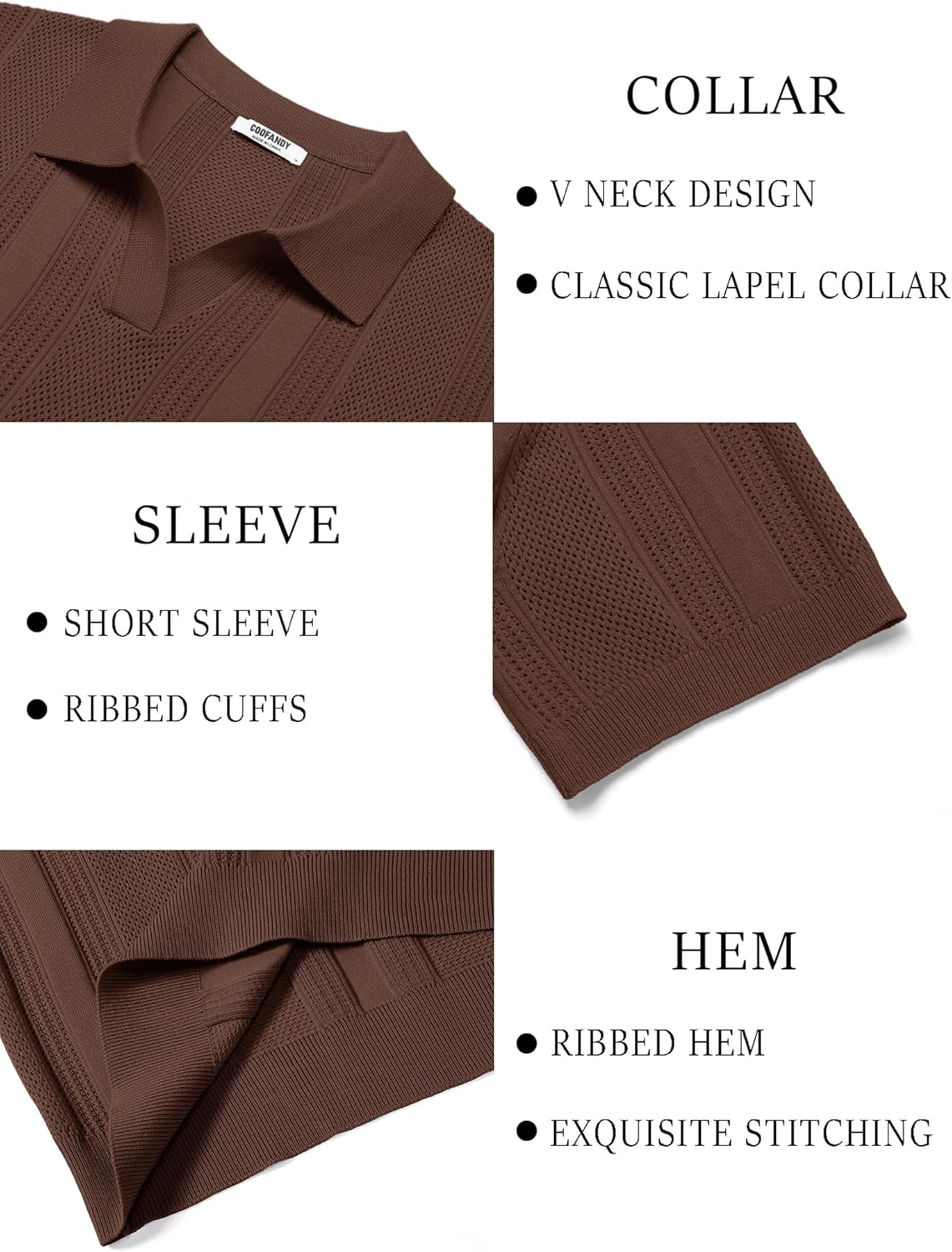 COOFANDY Mens Knit Polo Shirts V Neck Textured Polo Shirts Short Sleeve Breathable Polo Casual Collared T Shirt Fashion Tops - Image 6