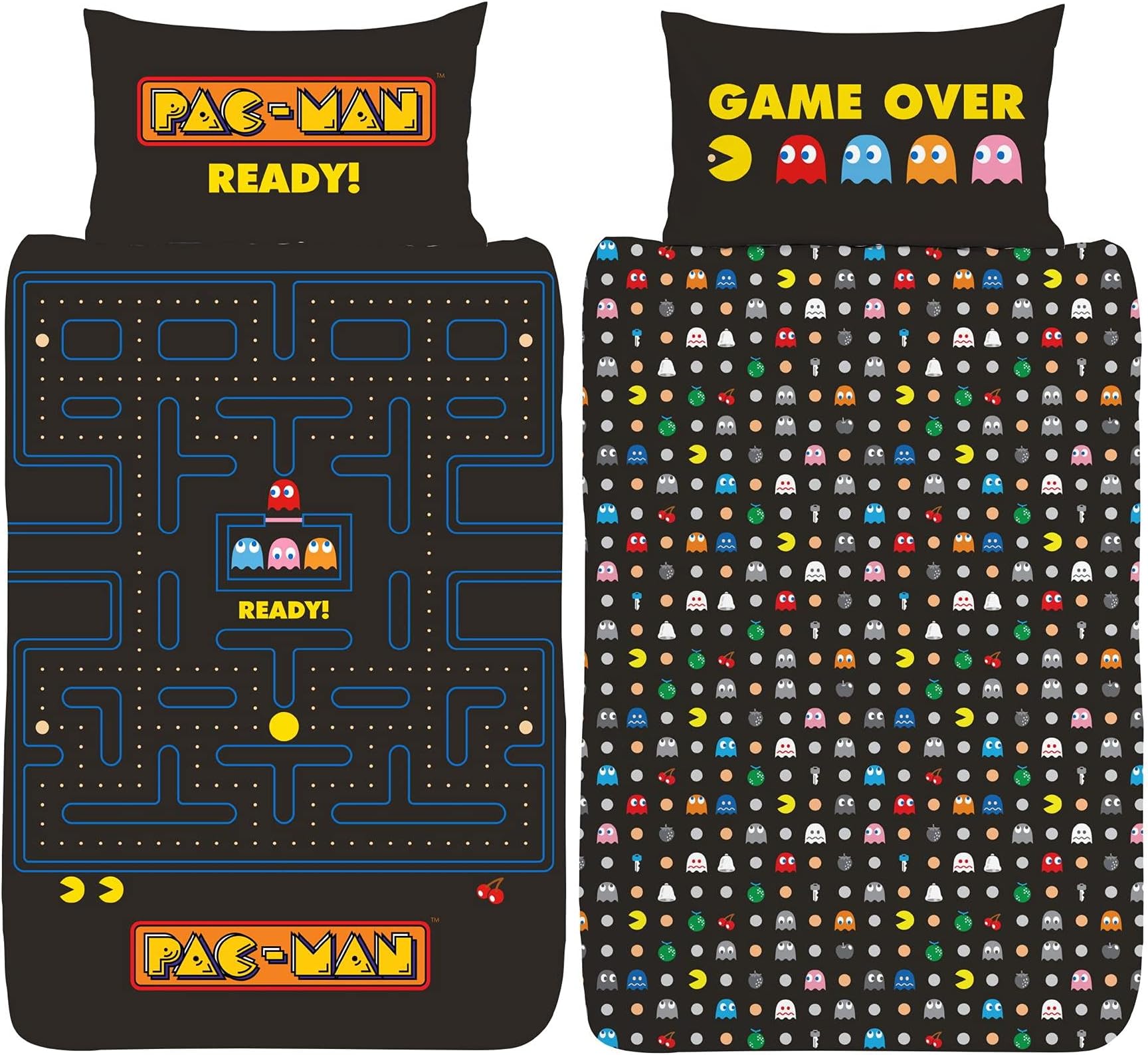 Pac Man Single Duvet Cover - Maze Design - Officially Licensed Reversible Bedding Set with Matching Pillow Case