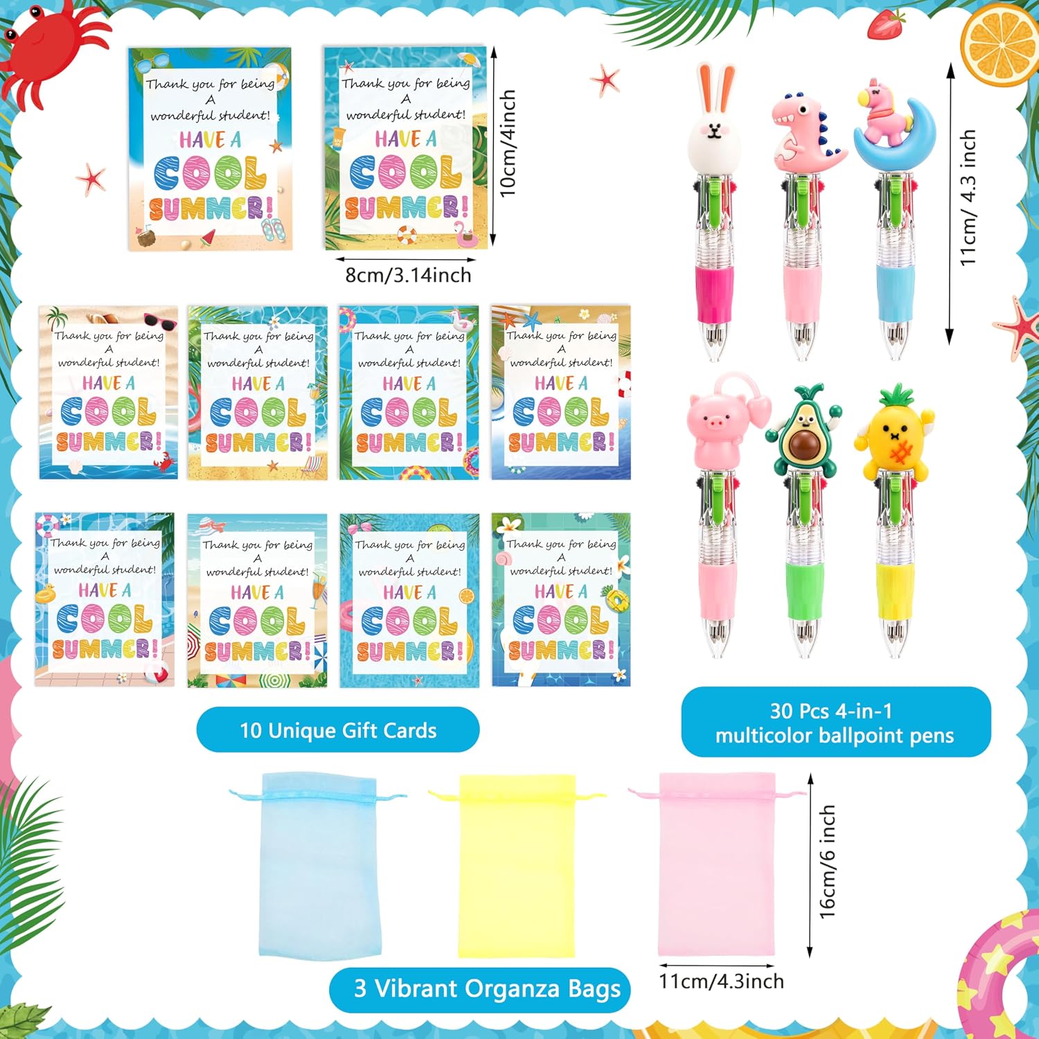 THAWAY 30 Sets End of School Year Student Gifts, Multicolor Ballpoint Pens 4 in 1 with 30 Beach Gift Cards, Retractable Cute Cartoon Animal Ballpoint Pen for School Gift Party Favors, Classroom Prizes