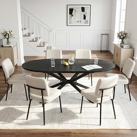 Extendable Oval Dining Table 146-196cm, X-Shaped Metal Legs, Black