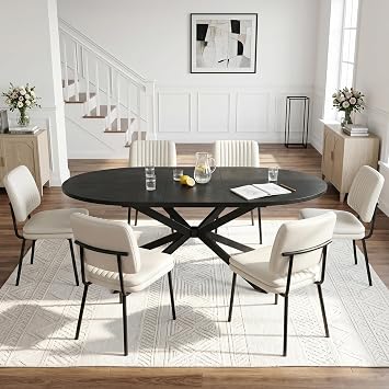 Extendable Oval Dining Table 146-196cm, X-Shaped Metal Legs, Black
