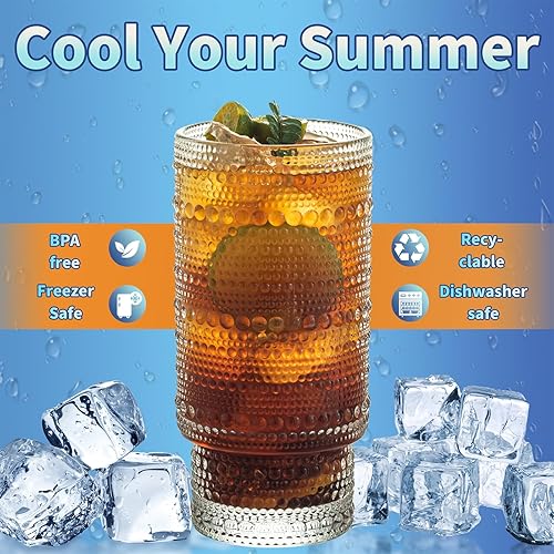 Miniatura 10 de Juego de 6 vasos para beber Hobnail con tapa de cristalería fresca y pajilla, 16 onzas XL Highball Bubble Cocktail Vasos de bebidas antiguos vasos