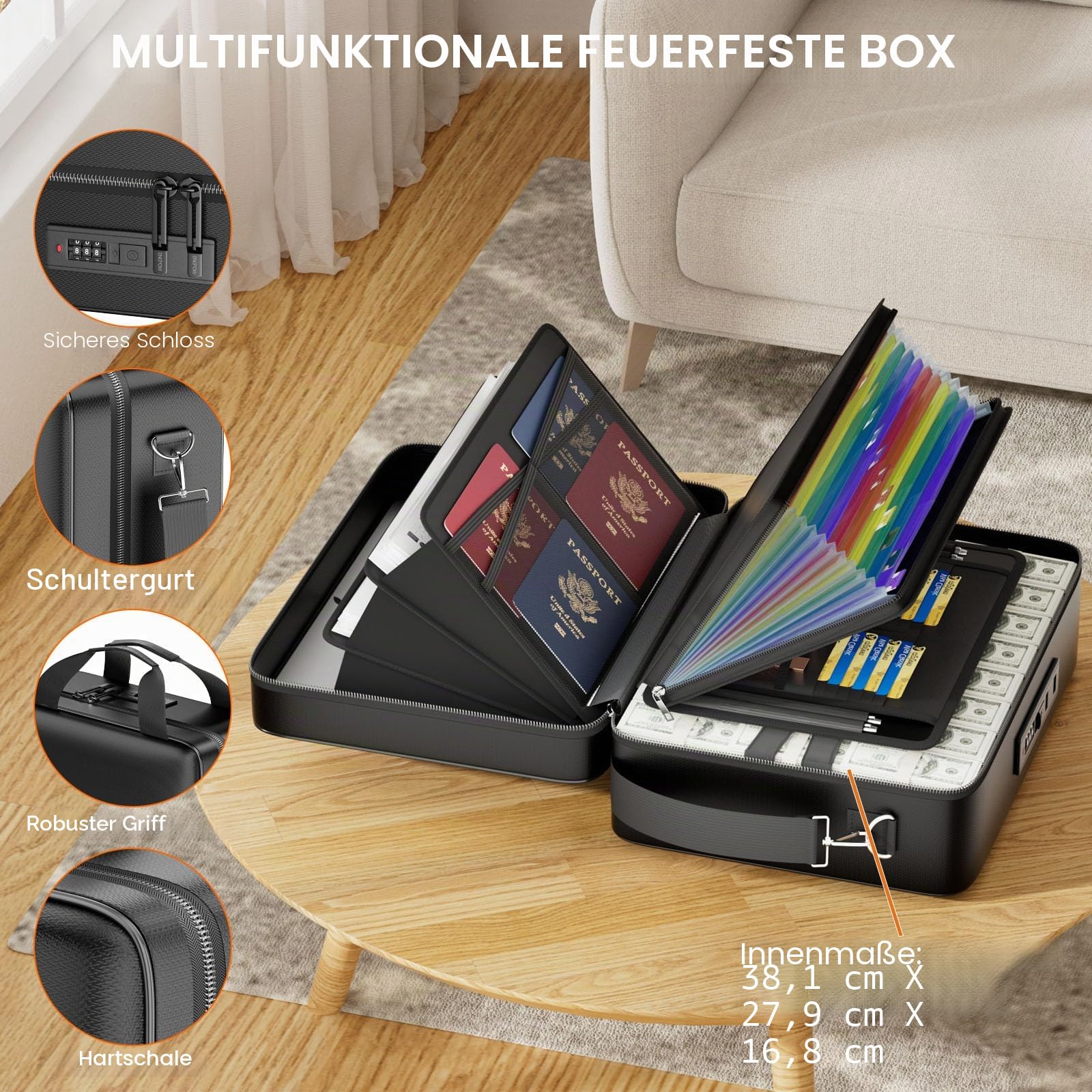 ENGPOW Feuerfeste Dokumententasche mit Schloss,Hartschale Dokumentenbox,A4 Aktenorganizer, Safe mit Mehreren Taschen, Dokumentenaufbewahrung,Schützt Wichtige Dokumente, Zertifikate,Laptop,Reisepässe
