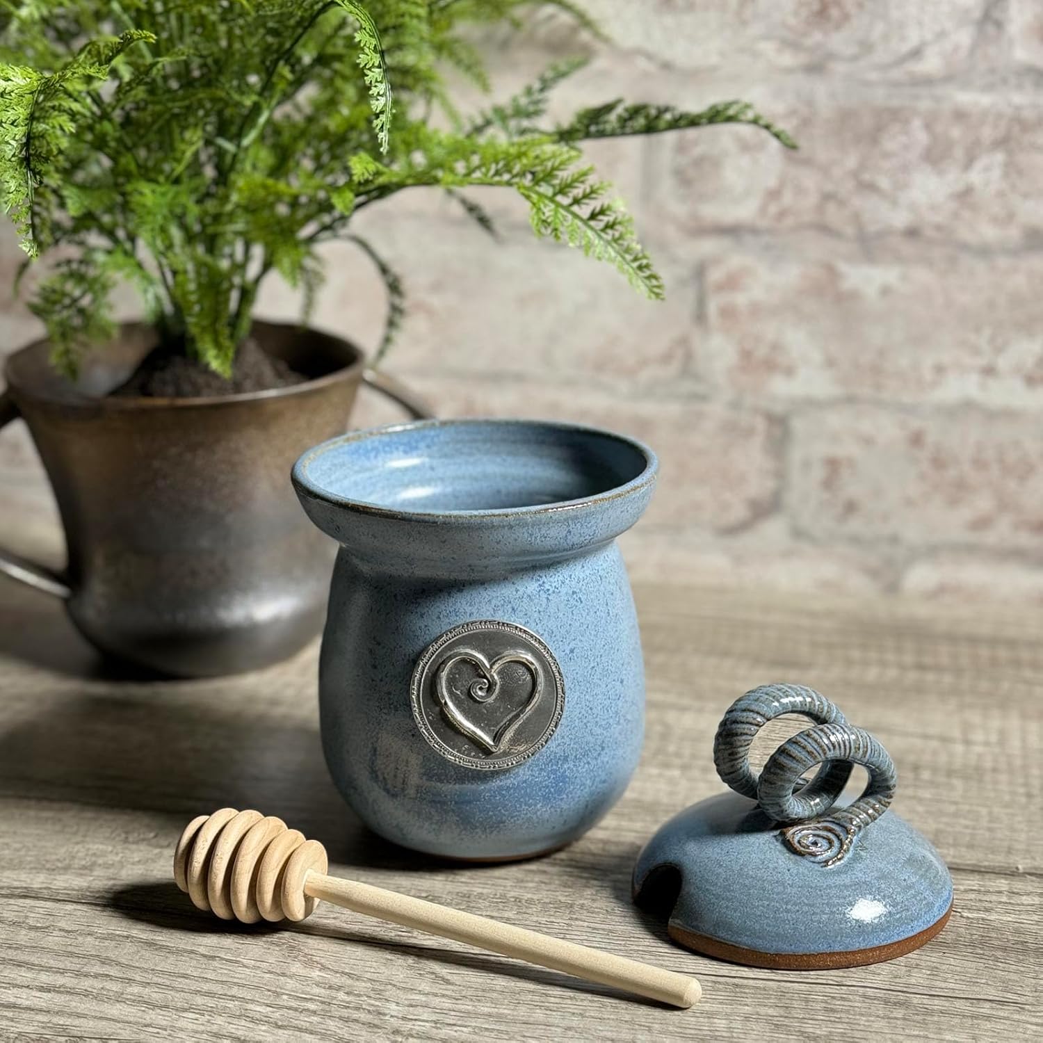 American Handmade Honey Jar with Heart Motif Pewter Plaque by MudWorks Pottery, Barrington Blue
