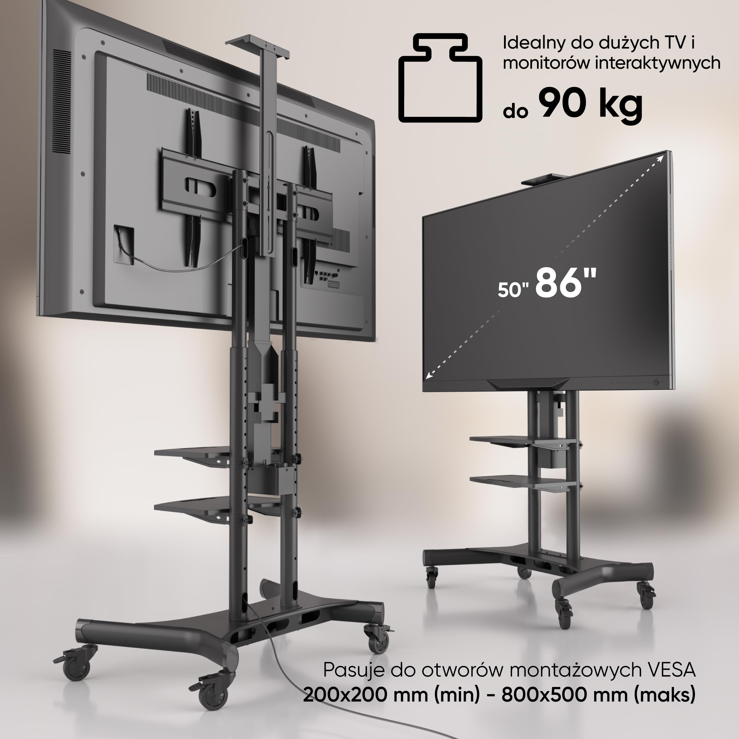 ONKRON Mobilny Stojak TV na Kółkach do Ekranów 50-86 cali, maks. Obciążenie 105,9 kg, Elektryczny Wózek z Pilotem, VESA 200x200-800x500, Regulacją Wysokości, Czarny TS1881E-B