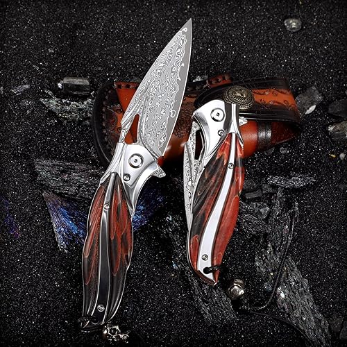 Miniatura 5 de Handmade Japanese VG10 Damascus steel Folding Pocket Knife，With leather case，Liner Lock，3.1in high hardness blade，Wooden Handle，men's folding knife