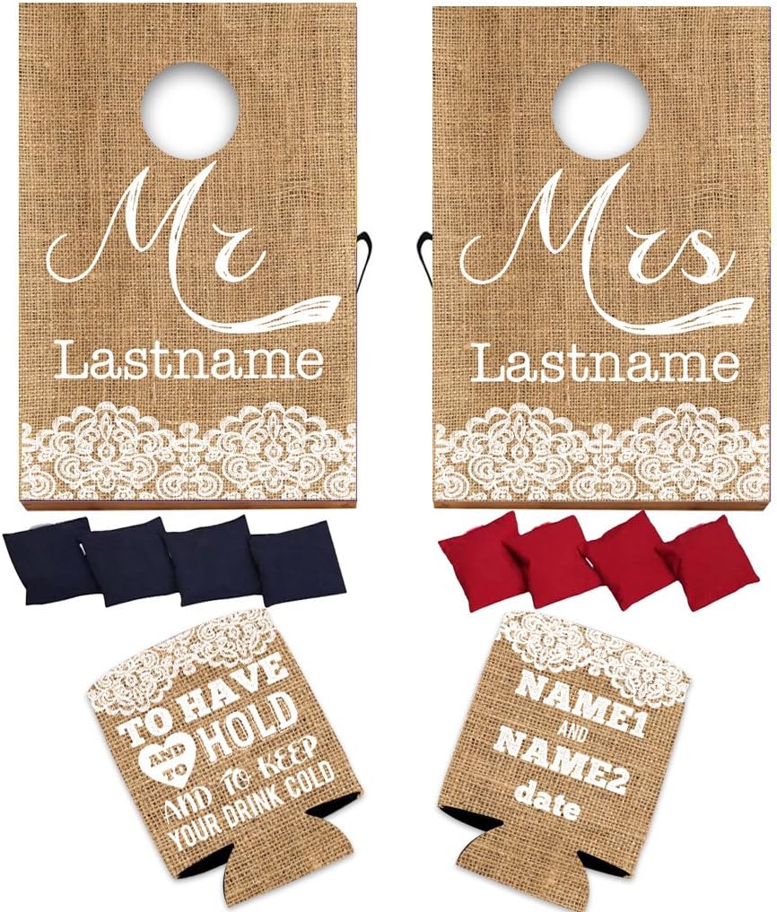 VictoryStore Wedding Reception Set: Customizable Rustic “To Have And To Hold” Wedding Can Coolers Set of 50 AND Custom Wedding Cornhole Rustic, Vintage Burlap Design - Wedding Bundle