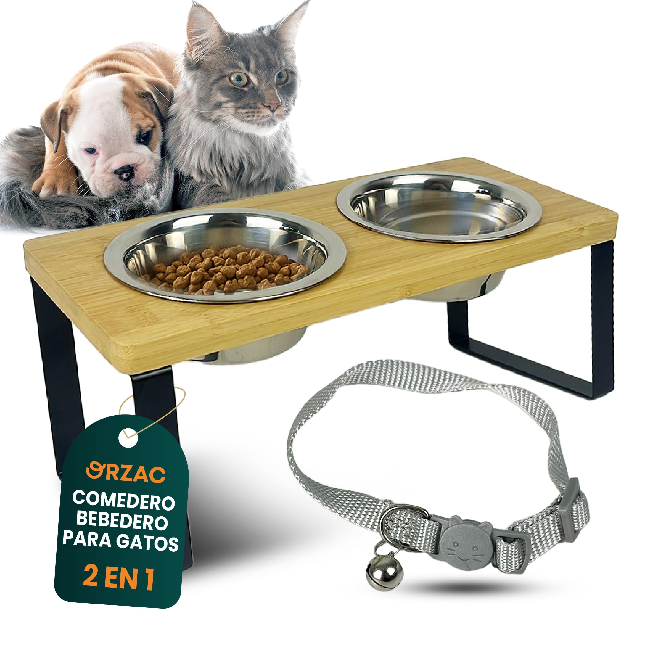 Comedero Elevado para Gatos con 2 Cuencos INOX 400 ml – Bambú Natural Antivuelco – Plato Gato Ergonómico Que Mejora Postura y Digestión + Collar de Regalo