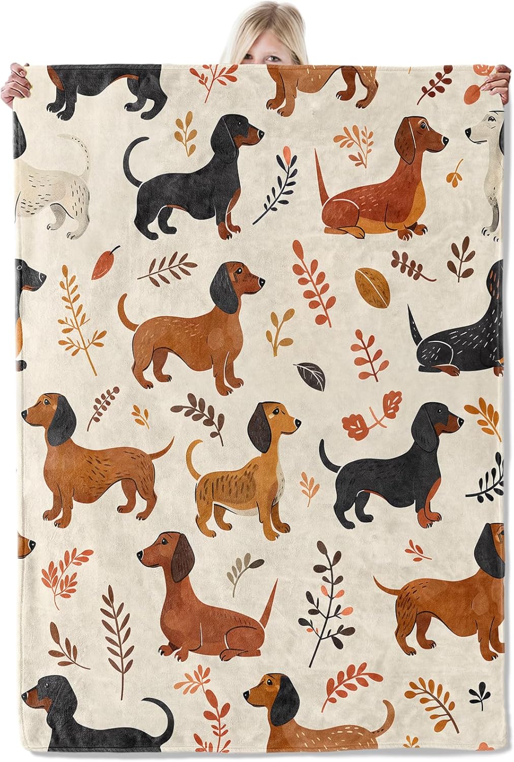 ICAAV Dachshund Dog Lover Blanket 50×60 Inch,Cute Illustrated Style Fall Leaves Puppy Flannel Throw with Warm Cream Background,Cartoon Animal Home Retro Decor,Gifts for Women, Adults,Pet Fans