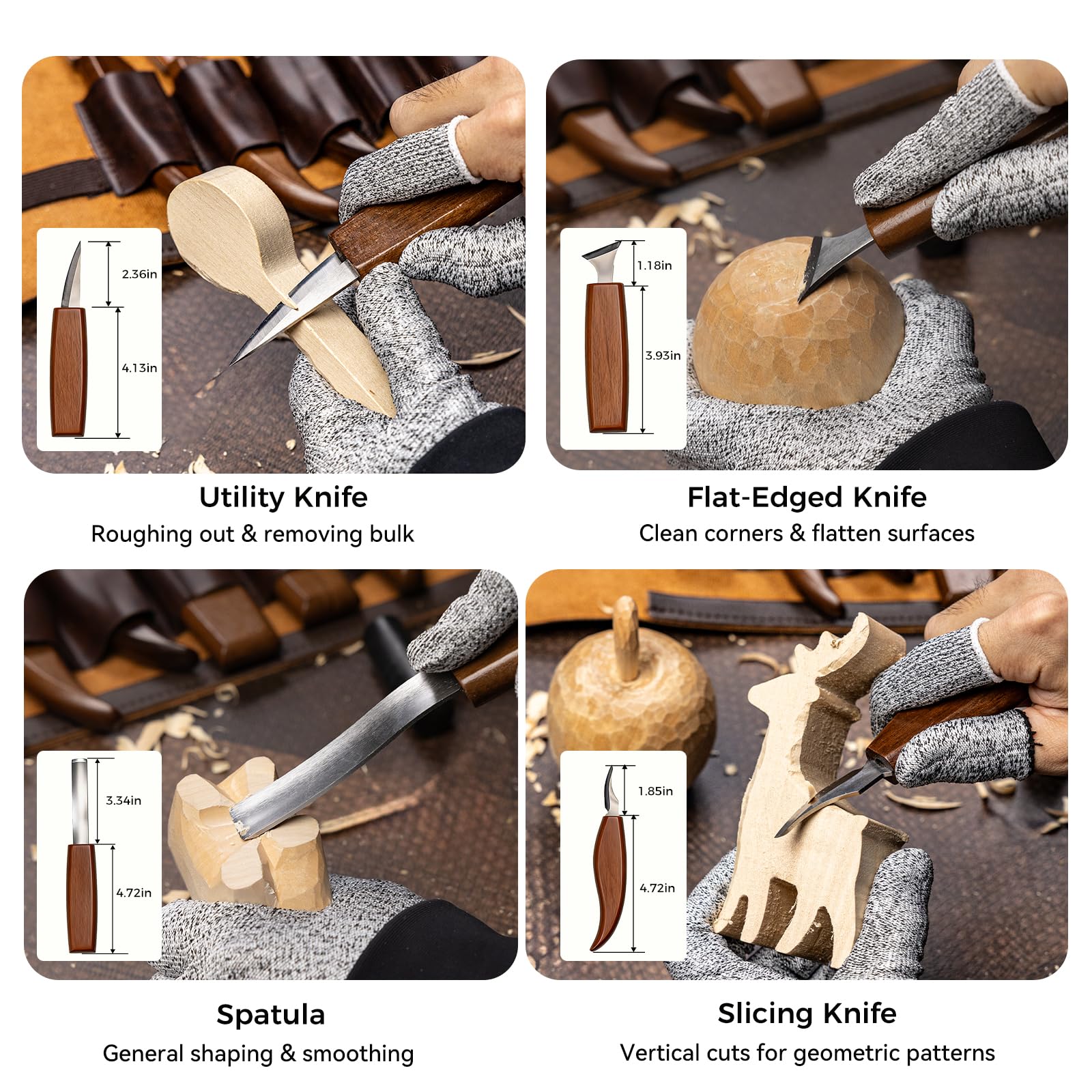 Kit de tallado de madera de 68 piezas para adultos y principiantes, 16 cuchillos y cinceles, 8 bloques de tilo, rollo de herramientas de cuero, guantes de seguridad, pinturas y plantillas, juego