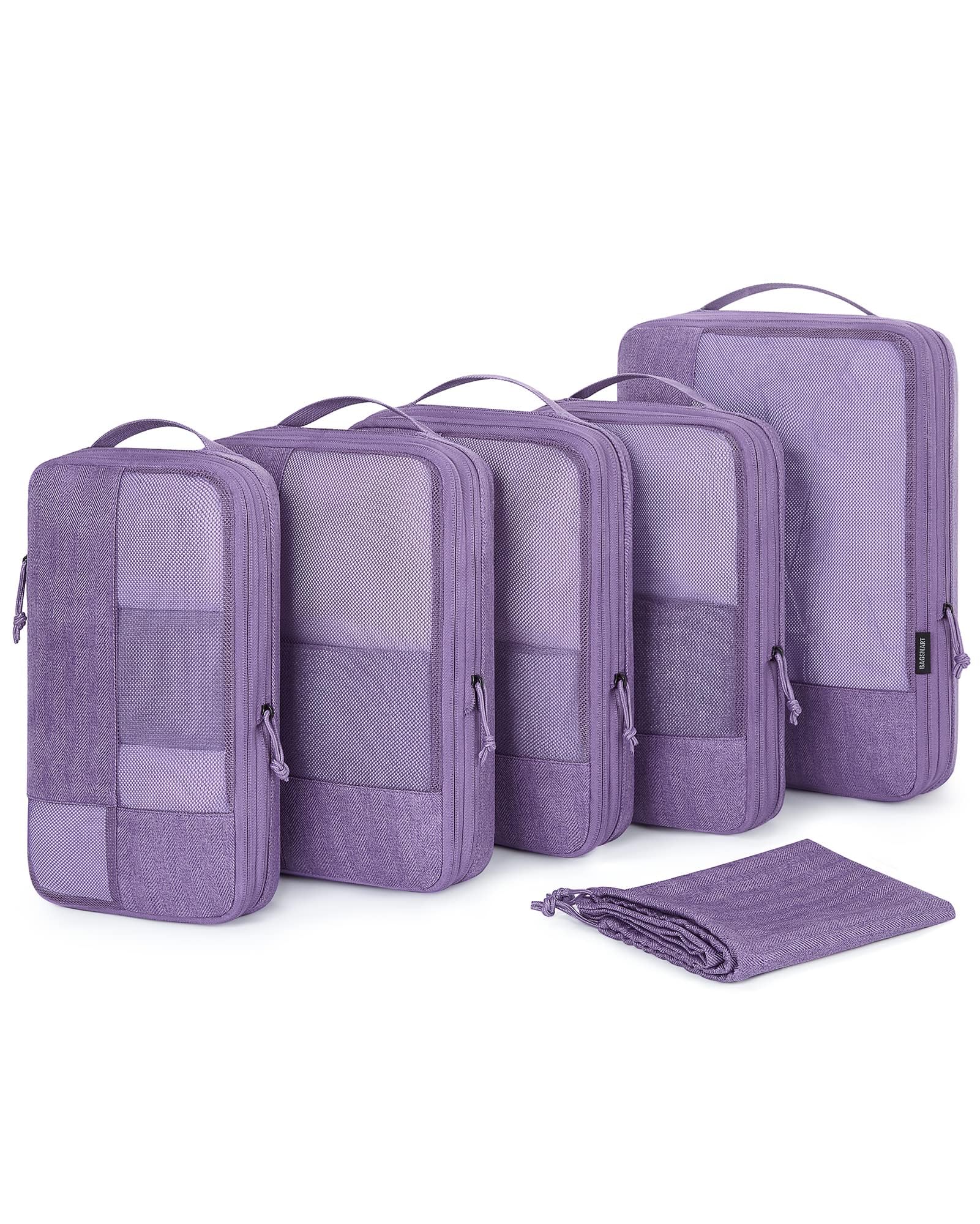 BAGSMARTBAGSMART Compression Packing Cubes for Travel, 6 Set Packing Cubes for Carry on Suitcases, Compression Travel Cubes & Suitcase Organizer for Packing with Shoe Bag Violet