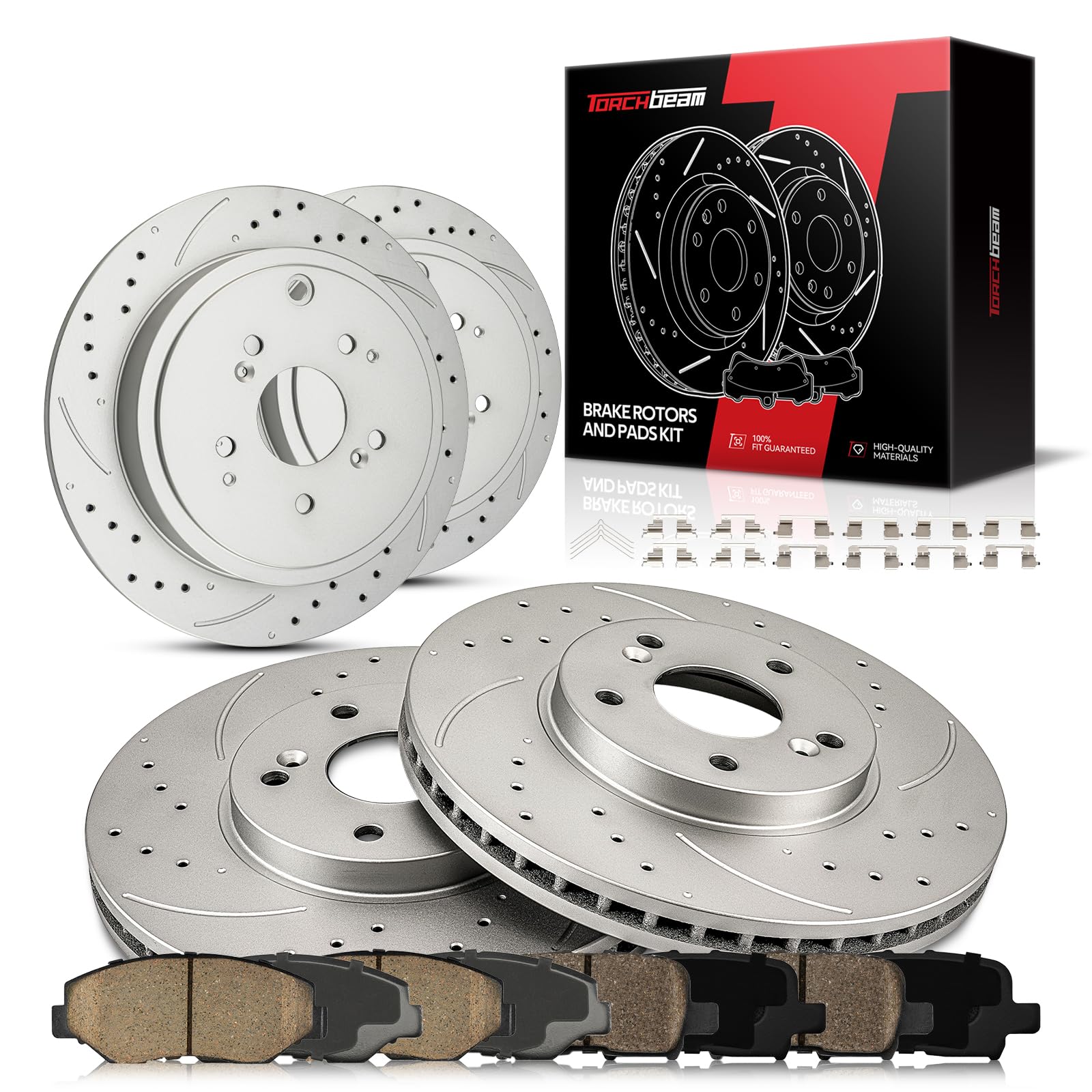 Torchbeam Front and Rear OE Drilled Slotted Brake Rotors & Ceramic Brake Pads Replacement for Honda Pilot 2003 2004 2005 2006 2007 2008, front 11.82",