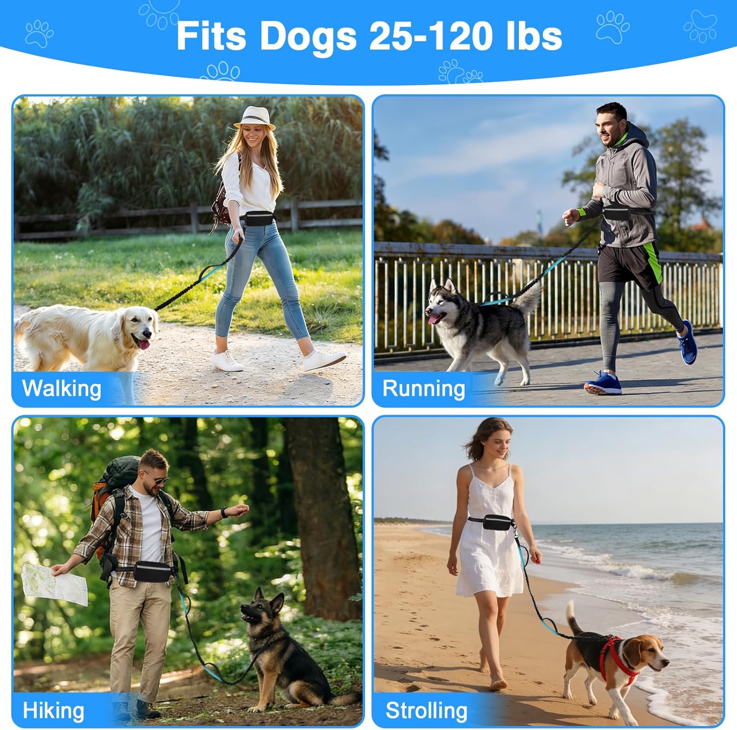 Hands Free Dog Leash with Zipper Pouch, Dual Padded Handles, Shock Absorbing Bungee Leash for Small Medium Large Dogs, Ideal for Walking Jogging Running Hiking (Black)